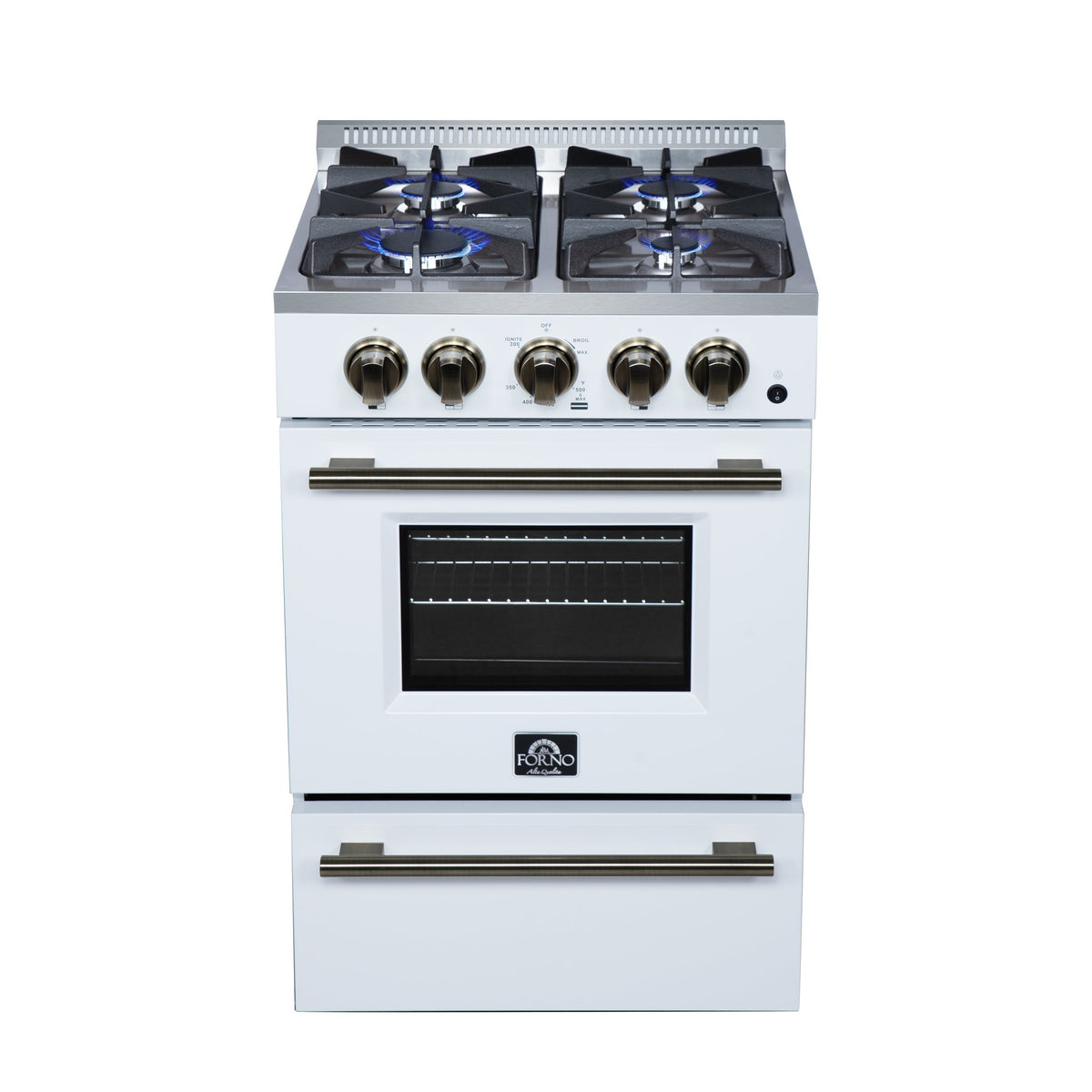 FORNO Breno 24-Inch Freestanding Gas Range, 2.3 cu. ft. Oven, 4 Sealed Burners, Storage Drawer, Air Fryer Kit, White with Antique Brass Accents (Model FFSGS6272-24WHT)