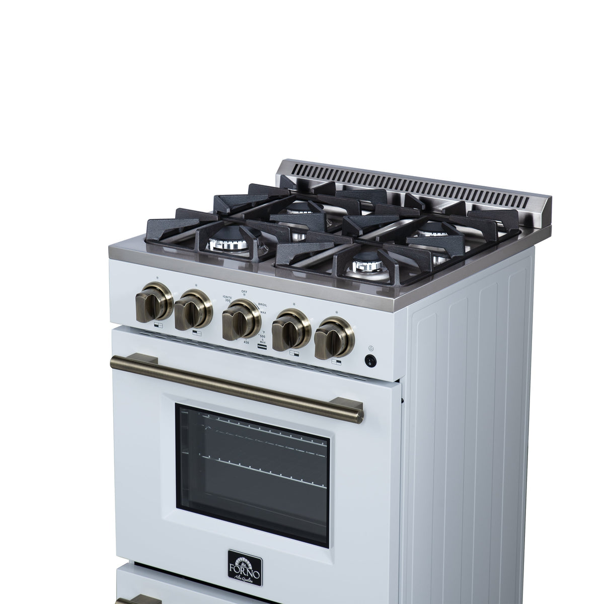 FORNO Breno 24-Inch Freestanding Gas Range, 2.3 cu. ft. Oven, 4 Sealed Burners, Storage Drawer, Air Fryer Kit, White with Antique Brass Accents (Model FFSGS6272-24WHT)