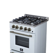 FORNO Breno 24-Inch Freestanding Gas Range, 2.3 cu. ft. Oven, 4 Sealed Burners, Storage Drawer, Air Fryer Kit, White with Antique Brass Accents (Model FFSGS6272-24WHT)