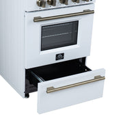 FORNO Breno 24-Inch Freestanding Gas Range, 2.3 cu. ft. Oven, 4 Sealed Burners, Storage Drawer, Air Fryer Kit, White with Antique Brass Accents (Model FFSGS6272-24WHT)