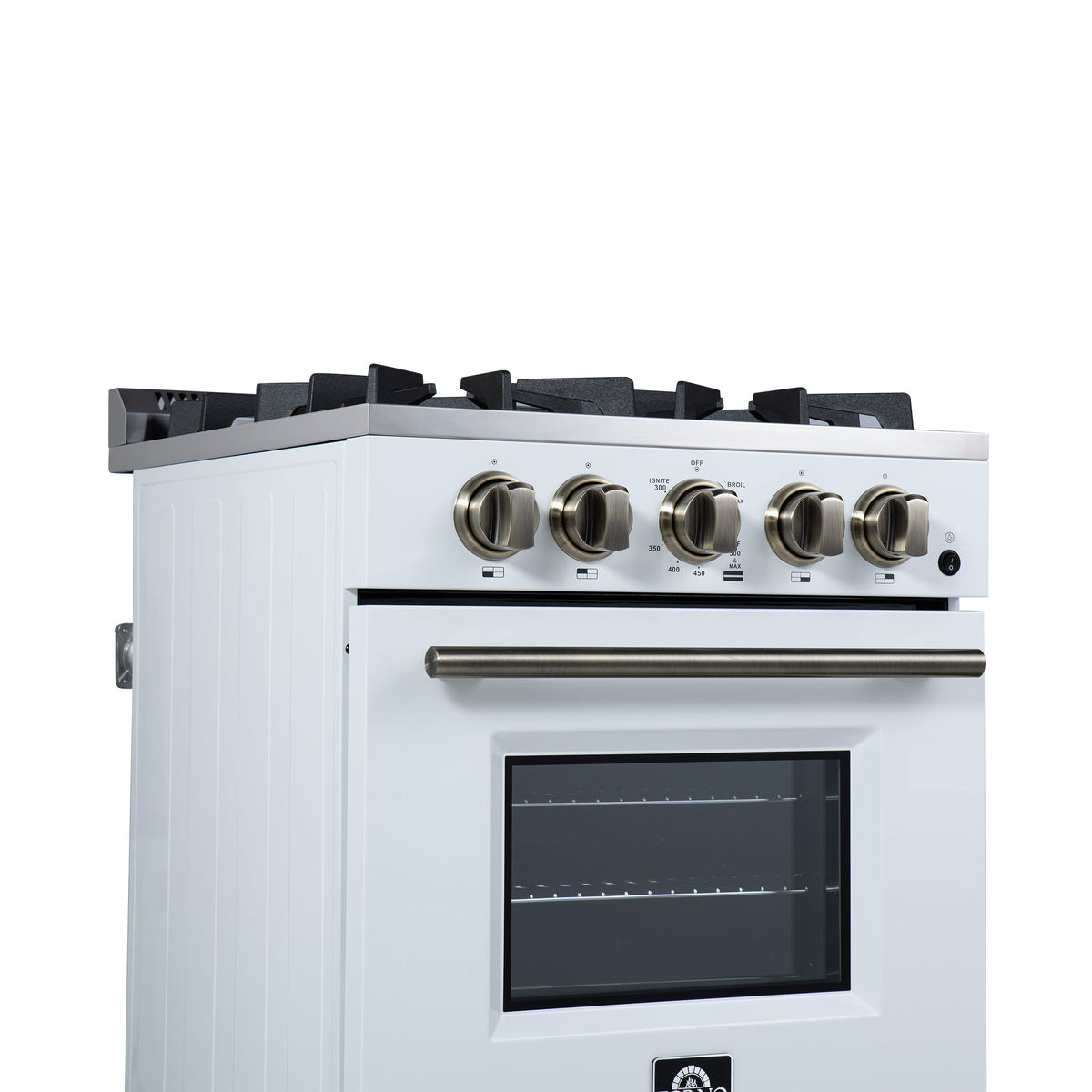FORNO Breno 24-Inch Freestanding Gas Range, 2.3 cu. ft. Oven, 4 Sealed Burners, Storage Drawer, Air Fryer Kit, White with Antique Brass Accents (Model FFSGS6272-24WHT)