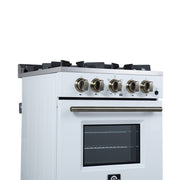 FORNO Breno 24-Inch Freestanding Gas Range, 2.3 cu. ft. Oven, 4 Sealed Burners, Storage Drawer, Air Fryer Kit, White with Antique Brass Accents (Model FFSGS6272-24WHT)