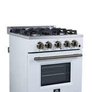 FORNO Breno 24-Inch Freestanding Gas Range, 2.3 cu. ft. Oven, 4 Sealed Burners, Storage Drawer, Air Fryer Kit, White with Antique Brass Accents (Model FFSGS6272-24WHT)