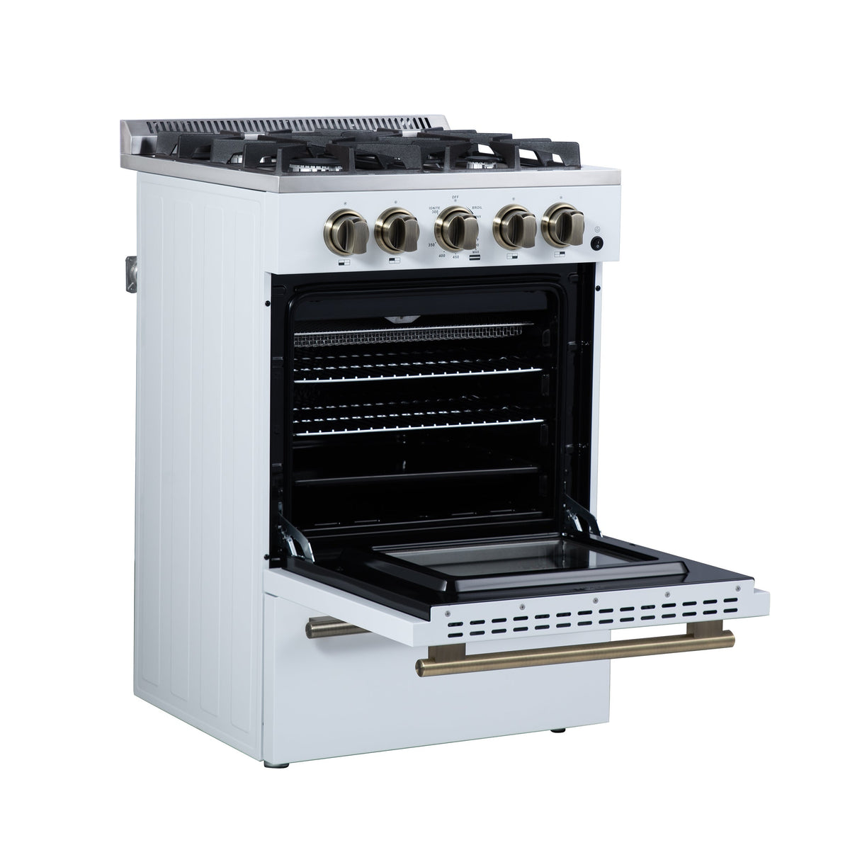 FORNO Breno 24-Inch Freestanding Gas Range, 2.3 cu. ft. Oven, 4 Sealed Burners, Storage Drawer, Air Fryer Kit, White with Antique Brass Accents (Model FFSGS6272-24WHT)