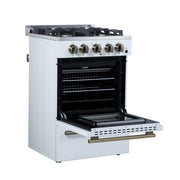FORNO Breno 24-Inch Freestanding Gas Range, 2.3 cu. ft. Oven, 4 Sealed Burners, Storage Drawer, Air Fryer Kit, White with Antique Brass Accents (Model FFSGS6272-24WHT)