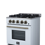 FORNO Breno 24-Inch Freestanding Gas Range, 2.3 cu. ft. Oven, 4 Sealed Burners, Storage Drawer, Air Fryer Kit, White with Antique Brass Accents (Model FFSGS6272-24WHT)