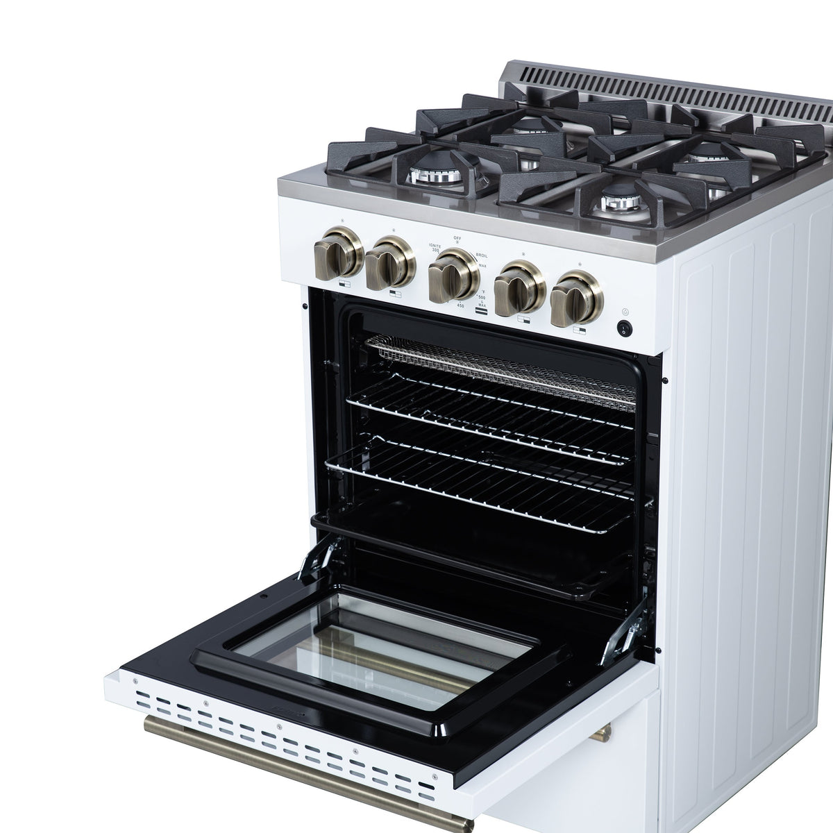 FORNO Breno 24-Inch Freestanding Gas Range, 2.3 cu. ft. Oven, 4 Sealed Burners, Storage Drawer, Air Fryer Kit, White with Antique Brass Accents (Model FFSGS6272-24WHT)