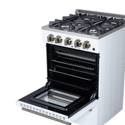 FORNO Breno 24-Inch Freestanding Gas Range, 2.3 cu. ft. Oven, 4 Sealed Burners, Storage Drawer, Air Fryer Kit, White with Antique Brass Accents (Model FFSGS6272-24WHT)