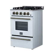FORNO Breno 24-Inch Freestanding Gas Range, 2.3 cu. ft. Oven, 4 Sealed Burners, Storage Drawer, Air Fryer Kit, White with Antique Brass Accents (Model FFSGS6272-24WHT)