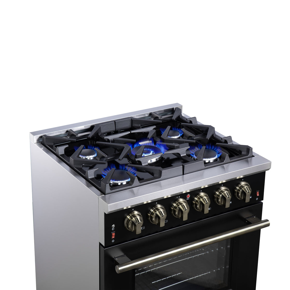 Forno Massimo 30-Inch Freestanding Gas Range, 4.32 cu ft Oven, 5 Sealed Burners, Air Fryer Kit, Wok Ring, Griddle, Black with Antique Brass Accents (FFSGS6239-30BLK)