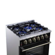 Forno Massimo 30-Inch Freestanding Gas Range, 4.32 cu ft Oven, 5 Sealed Burners, Air Fryer Kit, Wok Ring, Griddle, Black with Antique Brass Accents (FFSGS6239-30BLK)