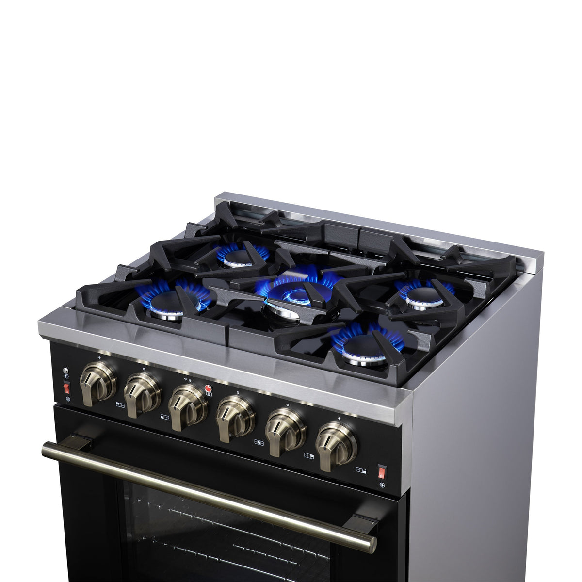 Forno Massimo 30-Inch Freestanding Gas Range, 4.32 cu ft Oven, 5 Sealed Burners, Air Fryer Kit, Wok Ring, Griddle, Black with Antique Brass Accents (FFSGS6239-30BLK)