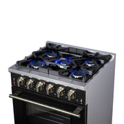 Forno Massimo 30-Inch Freestanding Gas Range, 4.32 cu ft Oven, 5 Sealed Burners, Air Fryer Kit, Wok Ring, Griddle, Black with Antique Brass Accents (FFSGS6239-30BLK)