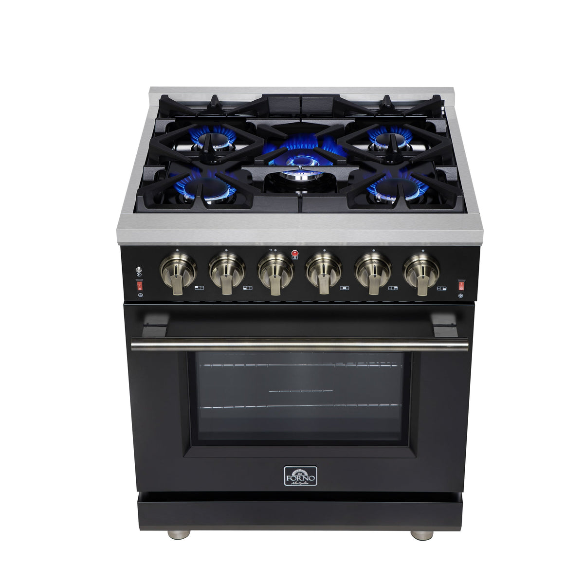 Forno Massimo 30-Inch Freestanding Gas Range, 4.32 cu ft Oven, 5 Sealed Burners, Air Fryer Kit, Wok Ring, Griddle, Black with Antique Brass Accents (FFSGS6239-30BLK)