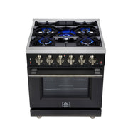 Forno Massimo 30-Inch Freestanding Gas Range, 4.32 cu ft Oven, 5 Sealed Burners, Air Fryer Kit, Wok Ring, Griddle, Black with Antique Brass Accents (FFSGS6239-30BLK)