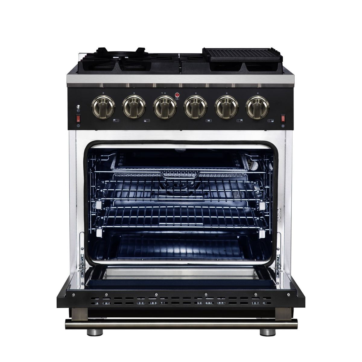 Forno Massimo 30-Inch Freestanding Gas Range, 4.32 cu ft Oven, 5 Sealed Burners, Air Fryer Kit, Wok Ring, Griddle, Black with Antique Brass Accents (FFSGS6239-30BLK)