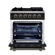Forno Massimo 30-Inch Freestanding Gas Range, 4.32 cu ft Oven, 5 Sealed Burners, Air Fryer Kit, Wok Ring, Griddle, Black with Antique Brass Accents (FFSGS6239-30BLK)