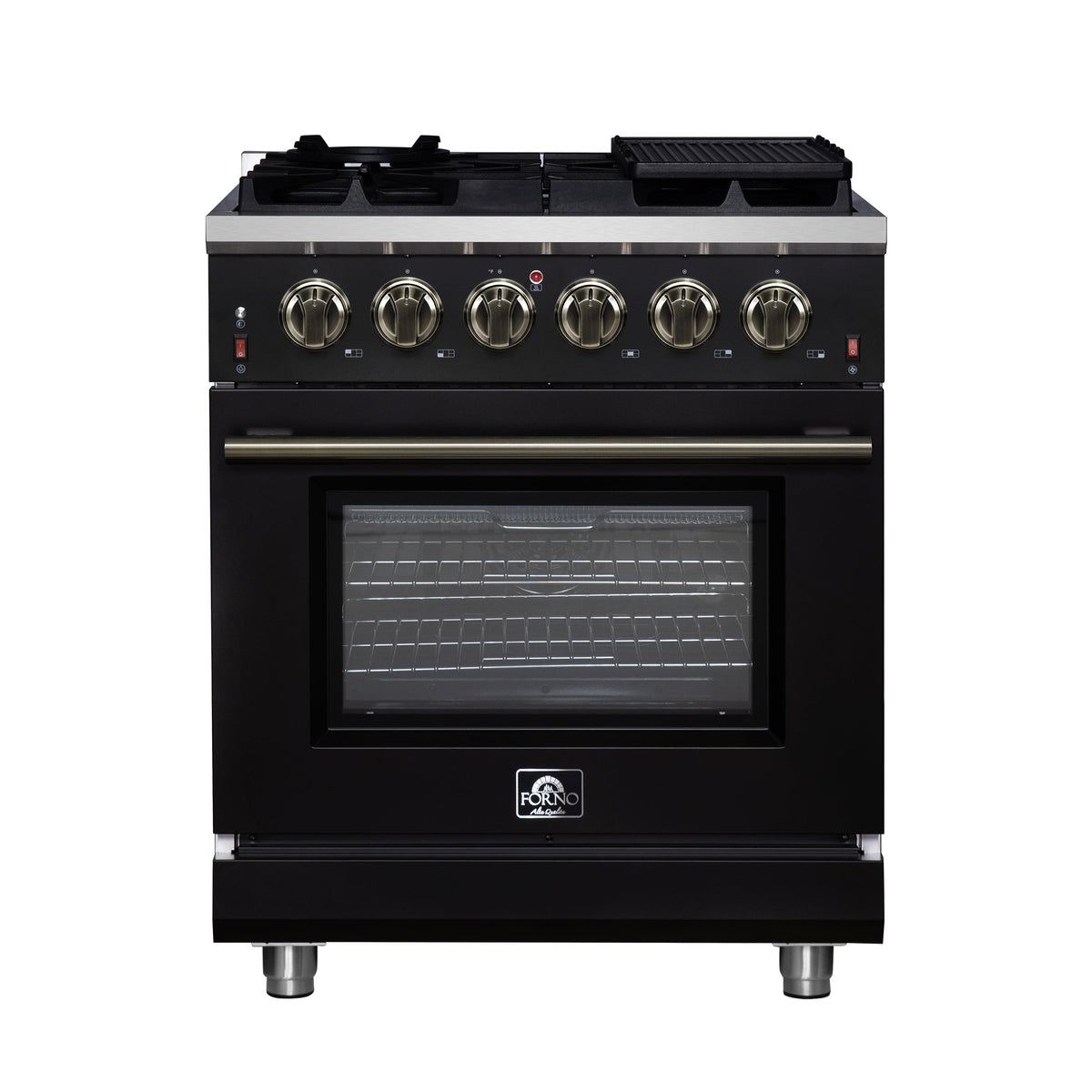 Forno Massimo 30-Inch Freestanding Gas Range, 4.32 cu ft Oven, 5 Sealed Burners, Air Fryer Kit, Wok Ring, Griddle, Black with Antique Brass Accents (FFSGS6239-30BLK)