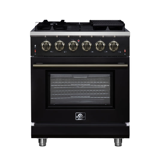 Forno Massimo 30-Inch Freestanding Gas Range, 4.32 cu ft Oven, 5 Sealed Burners, Air Fryer Kit, Wok Ring, Griddle, Black with Antique Brass Accents (FFSGS6239-30BLK)