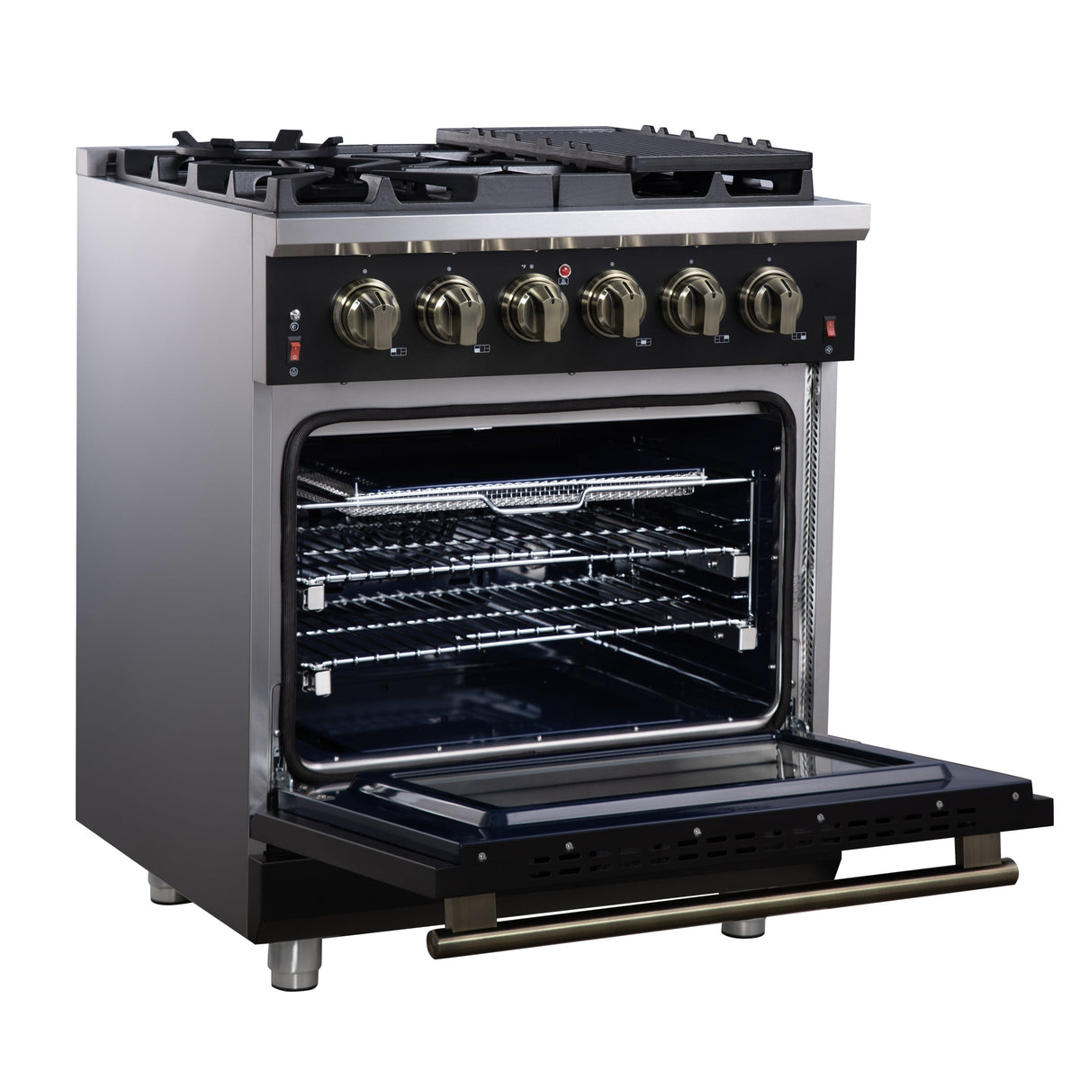 Forno Massimo 30-Inch Freestanding Gas Range, 4.32 cu ft Oven, 5 Sealed Burners, Air Fryer Kit, Wok Ring, Griddle, Black with Antique Brass Accents (FFSGS6239-30BLK)