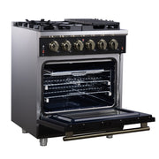 Forno Massimo 30-Inch Freestanding Gas Range, 4.32 cu ft Oven, 5 Sealed Burners, Air Fryer Kit, Wok Ring, Griddle, Black with Antique Brass Accents (FFSGS6239-30BLK)