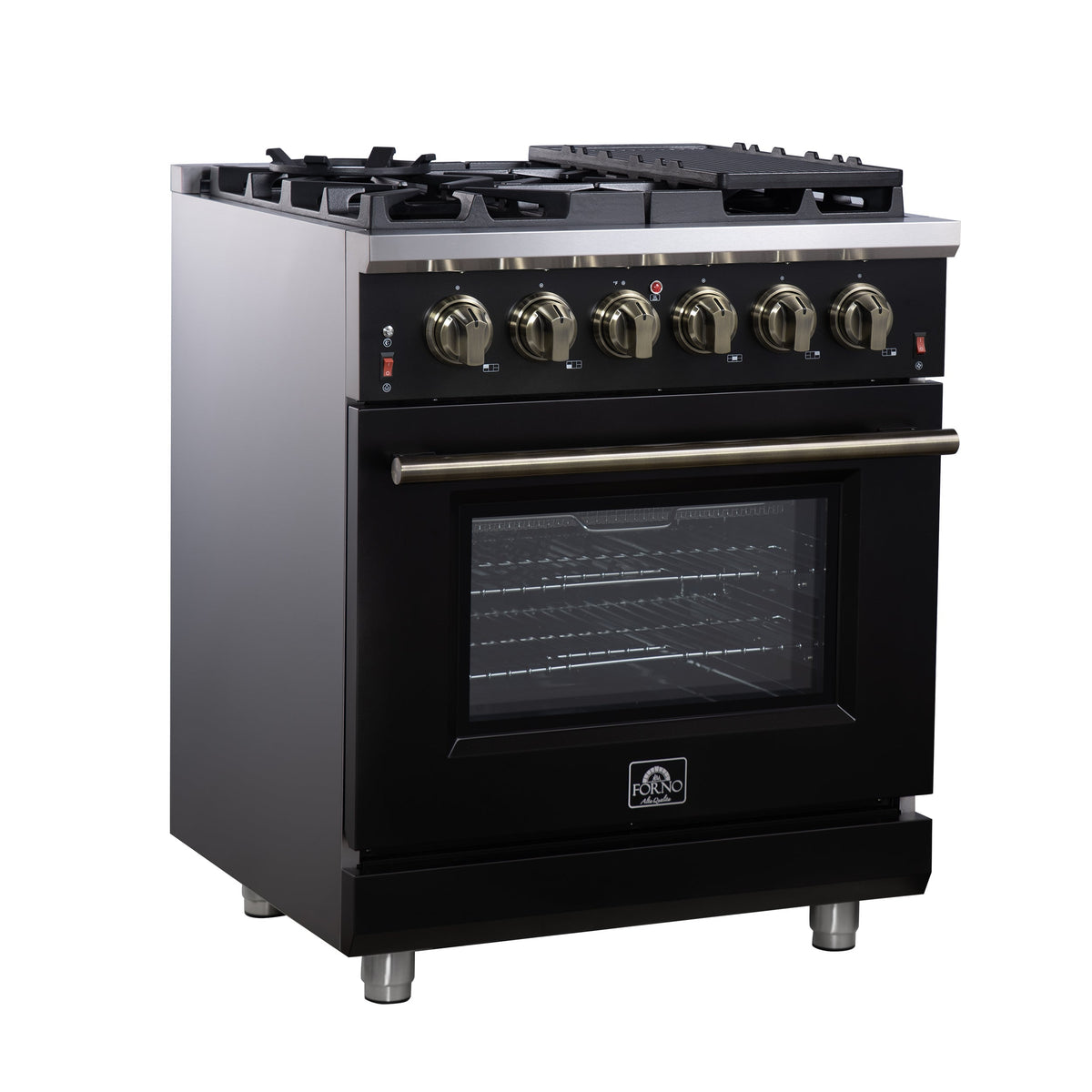 Forno Massimo 30-Inch Freestanding Gas Range, 4.32 cu ft Oven, 5 Sealed Burners, Air Fryer Kit, Wok Ring, Griddle, Black with Antique Brass Accents (FFSGS6239-30BLK)