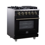 Forno Massimo 30-Inch Freestanding Gas Range, 4.32 cu ft Oven, 5 Sealed Burners, Air Fryer Kit, Wok Ring, Griddle, Black with Antique Brass Accents (FFSGS6239-30BLK)