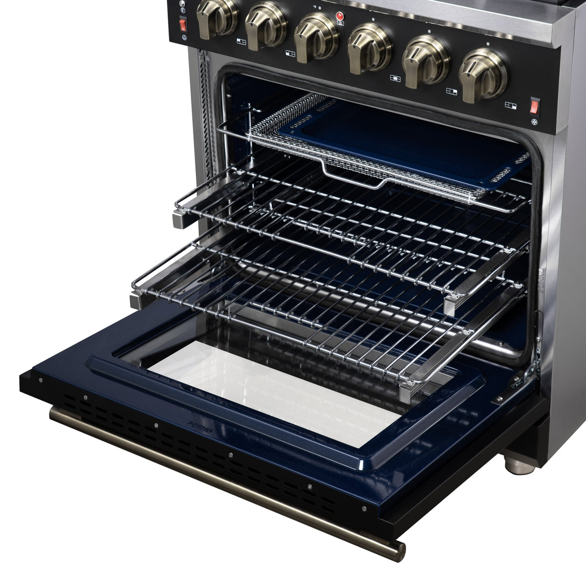 Forno Massimo 30-Inch Freestanding Gas Range, 4.32 cu ft Oven, 5 Sealed Burners, Air Fryer Kit, Wok Ring, Griddle, Black with Antique Brass Accents (FFSGS6239-30BLK)