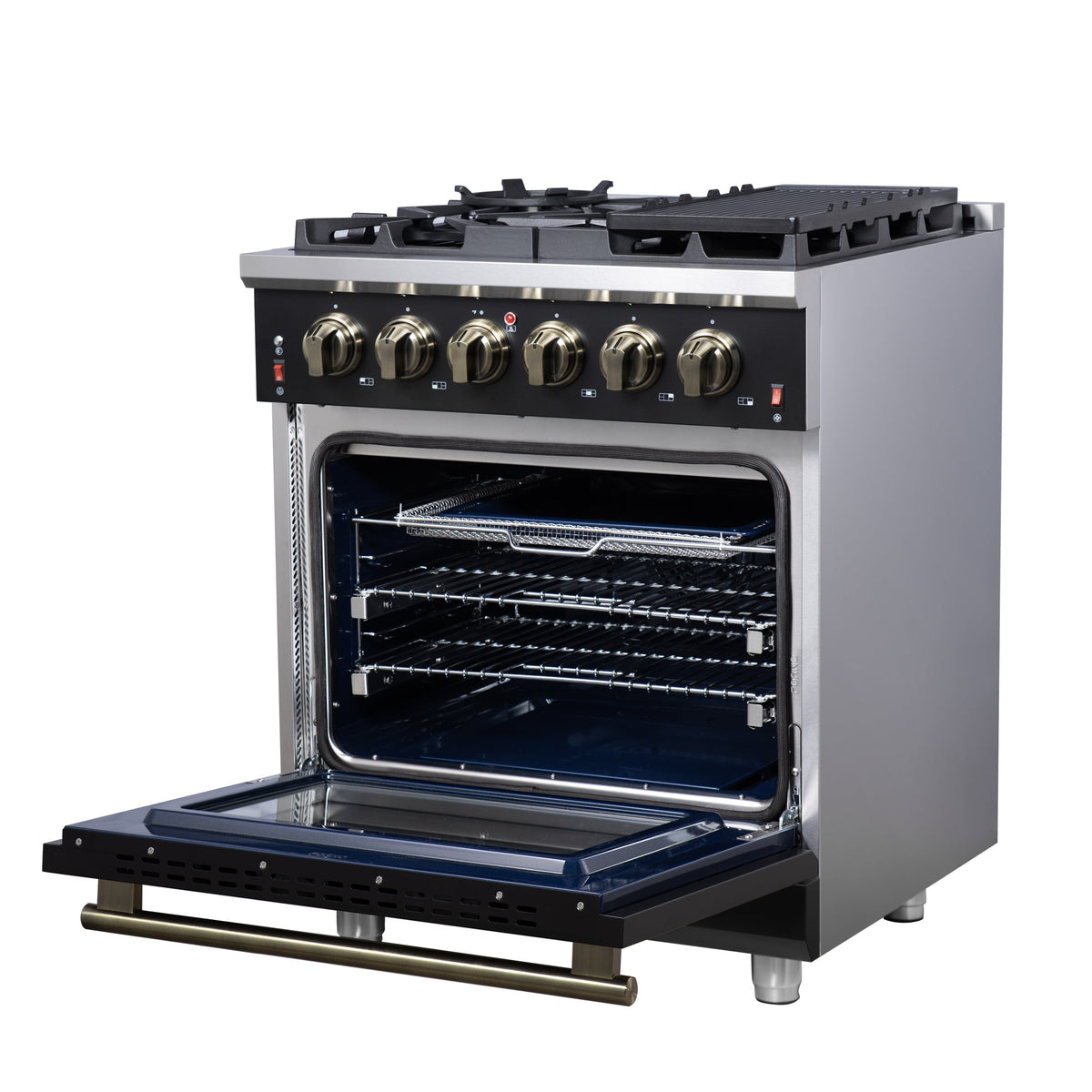 Forno Massimo 30-Inch Freestanding Gas Range, 4.32 cu ft Oven, 5 Sealed Burners, Air Fryer Kit, Wok Ring, Griddle, Black with Antique Brass Accents (FFSGS6239-30BLK)