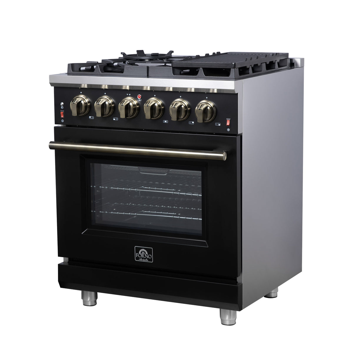 Forno Massimo 30-Inch Freestanding Gas Range, 4.32 cu ft Oven, 5 Sealed Burners, Air Fryer Kit, Wok Ring, Griddle, Black with Antique Brass Accents (FFSGS6239-30BLK)