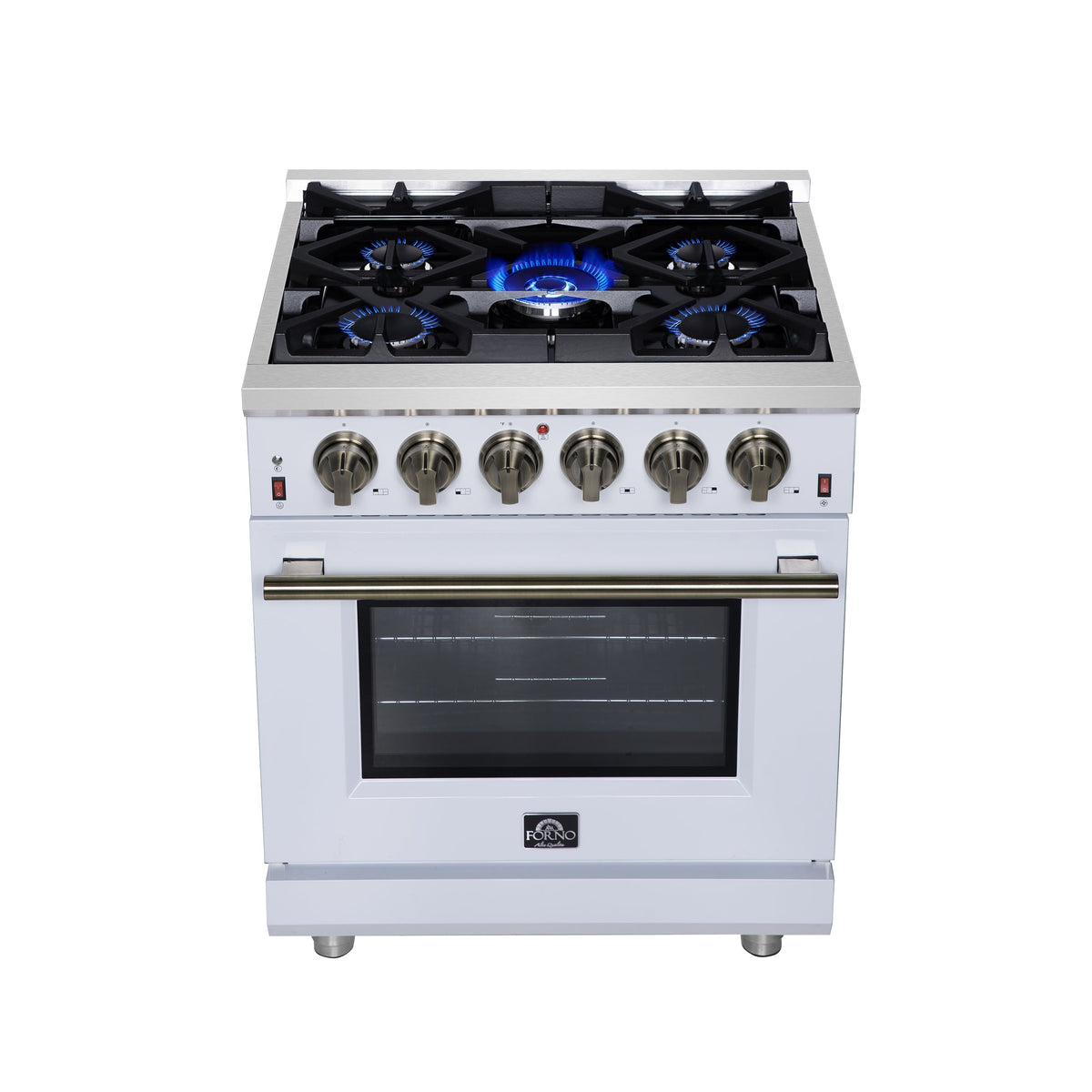 Forno Massimo 30-Inch Freestanding Gas Range, 4.32 cu. ft. Oven, 5 Sealed Burners, Air Fry Kit, White with Antique Brass Accents (Model FFSGS6239-30WHT)