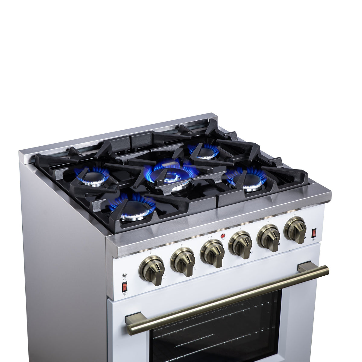 Forno Massimo 30-Inch Freestanding Gas Range, 4.32 cu. ft. Oven, 5 Sealed Burners, Air Fry Kit, White with Antique Brass Accents (Model FFSGS6239-30WHT)