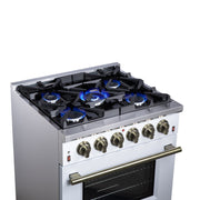 Forno Massimo 30-Inch Freestanding Gas Range, 4.32 cu. ft. Oven, 5 Sealed Burners, Air Fry Kit, White with Antique Brass Accents (Model FFSGS6239-30WHT)