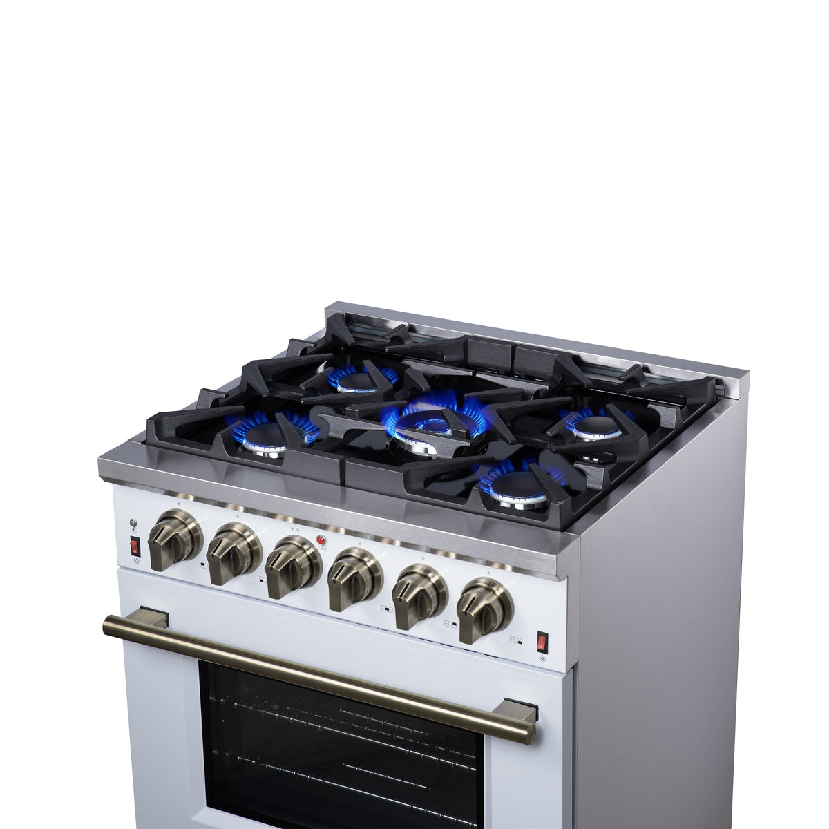 Forno Massimo 30-Inch Freestanding Gas Range, 4.32 cu. ft. Oven, 5 Sealed Burners, Air Fry Kit, White with Antique Brass Accents (Model FFSGS6239-30WHT)