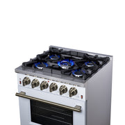 Forno Massimo 30-Inch Freestanding Gas Range, 4.32 cu. ft. Oven, 5 Sealed Burners, Air Fry Kit, White with Antique Brass Accents (Model FFSGS6239-30WHT)
