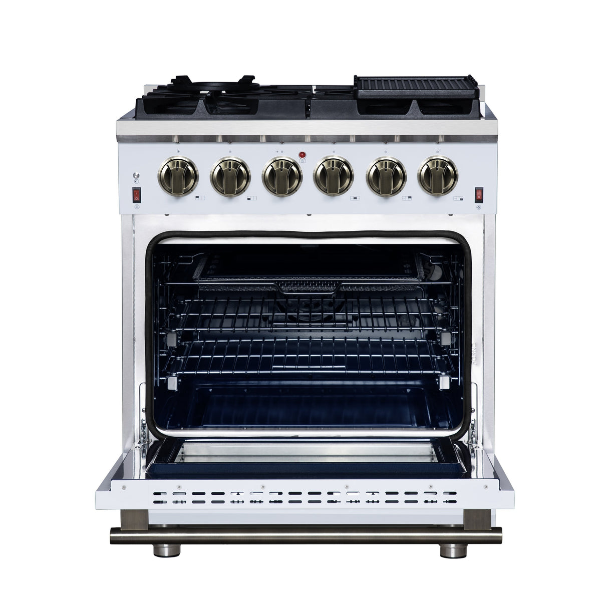 Forno Massimo 30-Inch Freestanding Gas Range, 4.32 cu. ft. Oven, 5 Sealed Burners, Air Fry Kit, White with Antique Brass Accents (Model FFSGS6239-30WHT)
