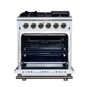 Forno Massimo 30-Inch Freestanding Gas Range, 4.32 cu. ft. Oven, 5 Sealed Burners, Air Fry Kit, White with Antique Brass Accents (Model FFSGS6239-30WHT)