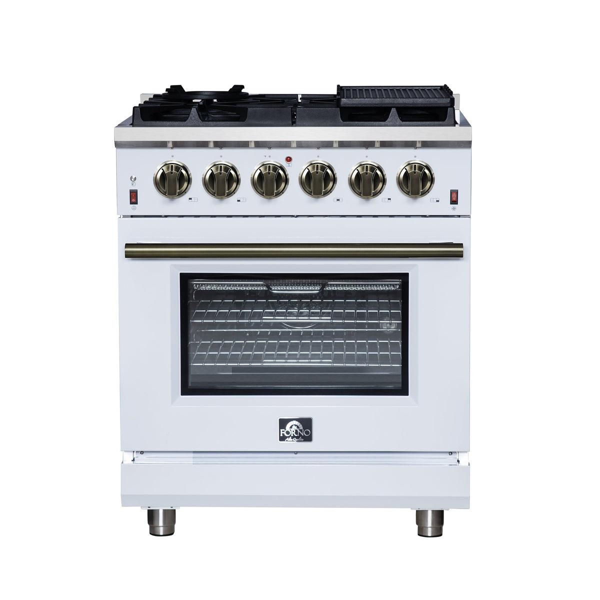 Forno Massimo 30-Inch Freestanding Gas Range, 4.32 cu. ft. Oven, 5 Sealed Burners, Air Fry Kit, White with Antique Brass Accents (Model FFSGS6239-30WHT)