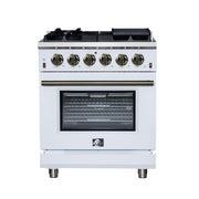 Forno Massimo 30-Inch Freestanding Gas Range, 4.32 cu. ft. Oven, 5 Sealed Burners, Air Fry Kit, White with Antique Brass Accents (Model FFSGS6239-30WHT)