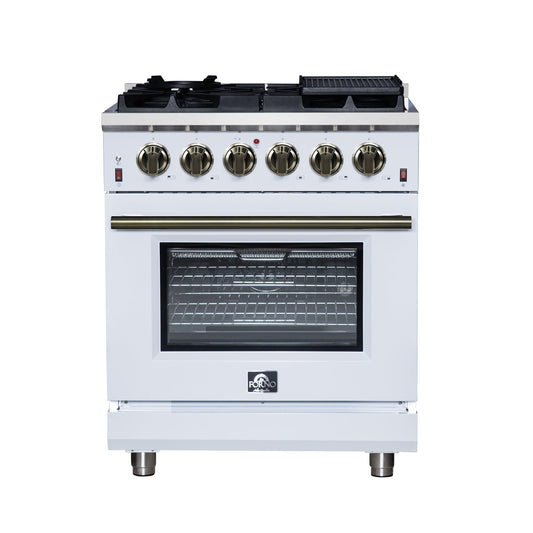 Forno Massimo 30-Inch Freestanding Gas Range, 4.32 cu. ft. Oven, 5 Sealed Burners, Air Fry Kit, White with Antique Brass Accents (Model FFSGS6239-30WHT)