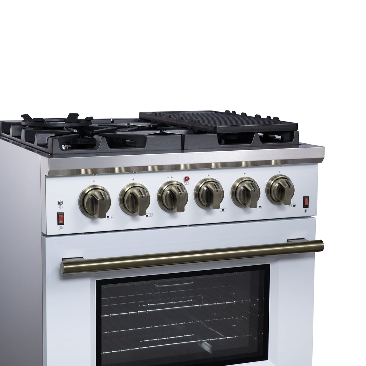 Forno Massimo 30-Inch Freestanding Gas Range, 4.32 cu. ft. Oven, 5 Sealed Burners, Air Fry Kit, White with Antique Brass Accents (Model FFSGS6239-30WHT)