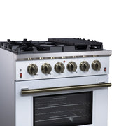 Forno Massimo 30-Inch Freestanding Gas Range, 4.32 cu. ft. Oven, 5 Sealed Burners, Air Fry Kit, White with Antique Brass Accents (Model FFSGS6239-30WHT)