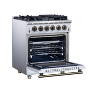 Forno Massimo 30-Inch Freestanding Gas Range, 4.32 cu. ft. Oven, 5 Sealed Burners, Air Fry Kit, White with Antique Brass Accents (Model FFSGS6239-30WHT)
