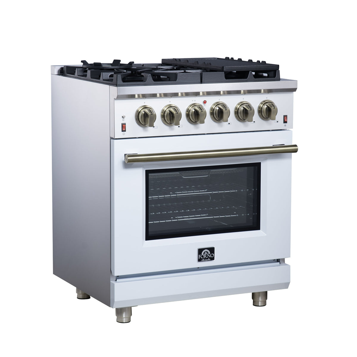 Forno Massimo 30-Inch Freestanding Gas Range, 4.32 cu. ft. Oven, 5 Sealed Burners, Air Fry Kit, White with Antique Brass Accents (Model FFSGS6239-30WHT)