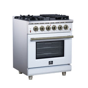Forno Massimo 30-Inch Freestanding Gas Range, 4.32 cu. ft. Oven, 5 Sealed Burners, Air Fry Kit, White with Antique Brass Accents (Model FFSGS6239-30WHT)