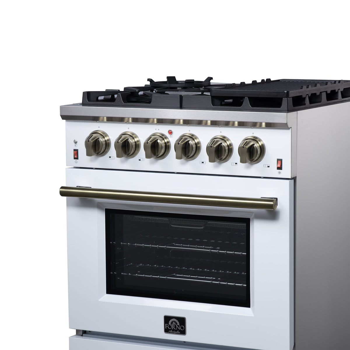 Forno Massimo 30-Inch Freestanding Gas Range, 4.32 cu. ft. Oven, 5 Sealed Burners, Air Fry Kit, White with Antique Brass Accents (Model FFSGS6239-30WHT)