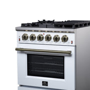 Forno Massimo 30-Inch Freestanding Gas Range, 4.32 cu. ft. Oven, 5 Sealed Burners, Air Fry Kit, White with Antique Brass Accents (Model FFSGS6239-30WHT)