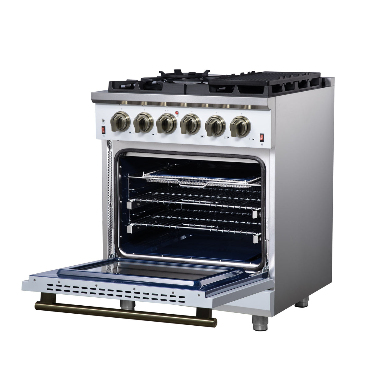 Forno Massimo 30-Inch Freestanding Gas Range, 4.32 cu. ft. Oven, 5 Sealed Burners, Air Fry Kit, White with Antique Brass Accents (Model FFSGS6239-30WHT)