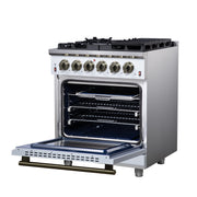 Forno Massimo 30-Inch Freestanding Gas Range, 4.32 cu. ft. Oven, 5 Sealed Burners, Air Fry Kit, White with Antique Brass Accents (Model FFSGS6239-30WHT)