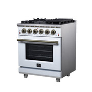 Forno Massimo 30-Inch Freestanding Gas Range, 4.32 cu. ft. Oven, 5 Sealed Burners, Air Fry Kit, White with Antique Brass Accents (Model FFSGS6239-30WHT)
